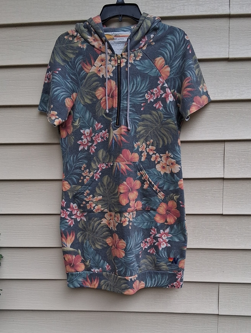 Aviator Nation Floral Hoodie Dress in Teal with Coral & Olive Accents